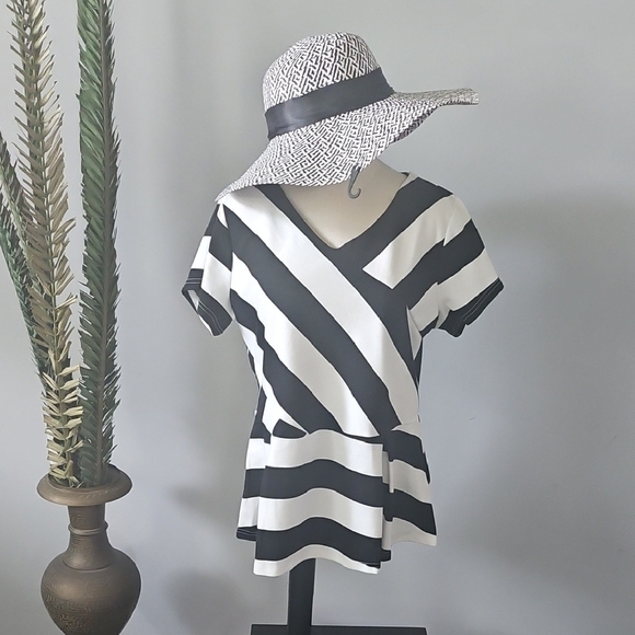 Agnes Orinda Black and White Striped Peplum Blouse - Picture 2 of 16